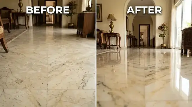Italian marble floor before and after professional diamond polishing &mdash; water marks removed, luxury mirror finish restored in Gurgaon villa