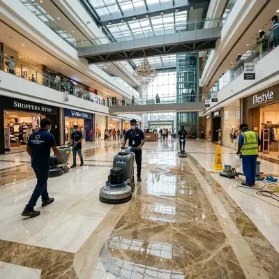 Professional team with industrial polishing equipment performing large-scale commercial floor restoration in office lobby