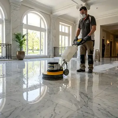 Applying premium marble crystallization protective coating for long lasting hardness and shine on marble floor