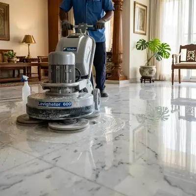 Professional marble polishing machine creating high-gloss mirror finish on white Italian marble flooring in Delhi